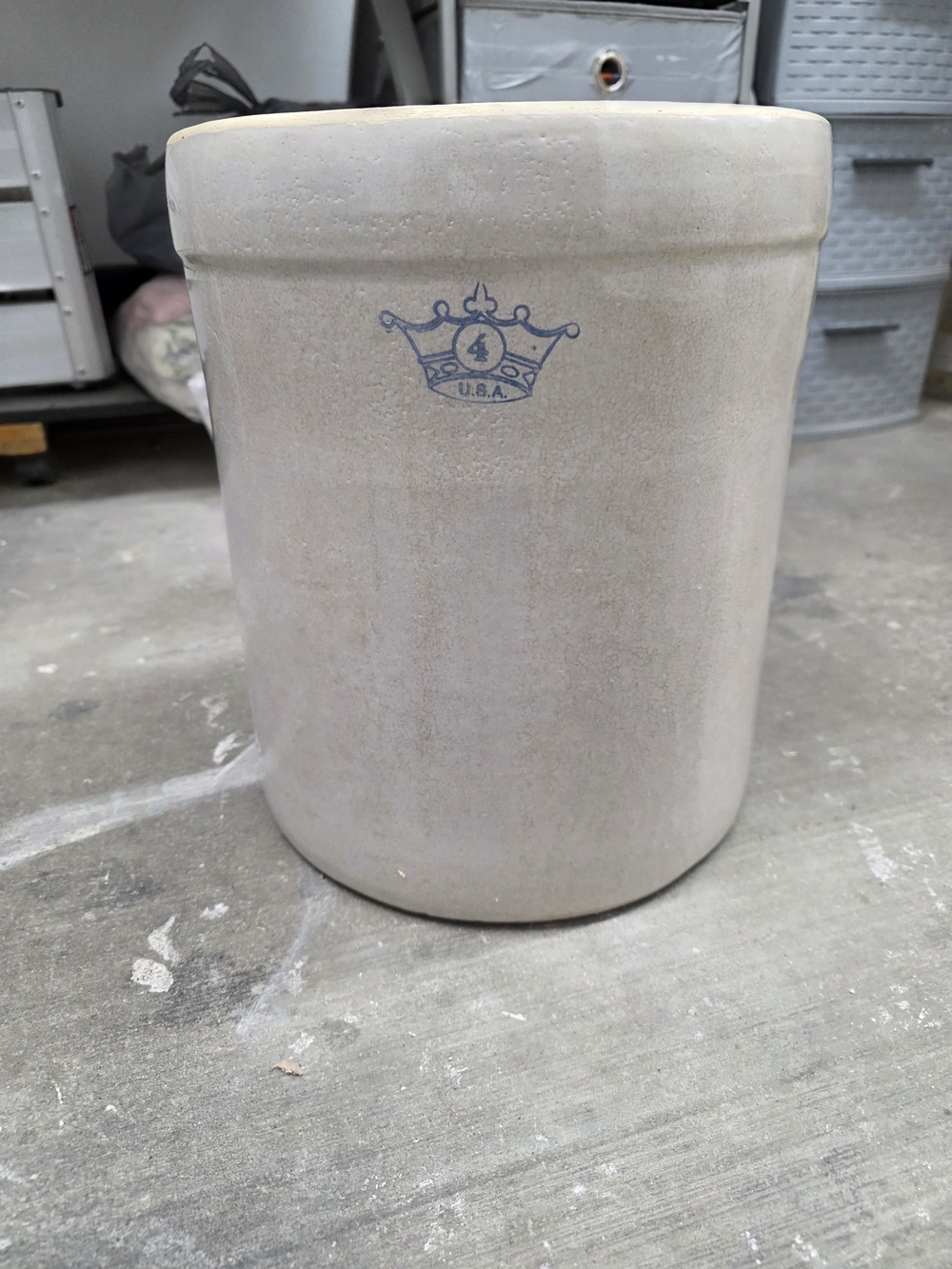 Robinson-Ransbottom Stoneware Crock with Blue Crown Stamp